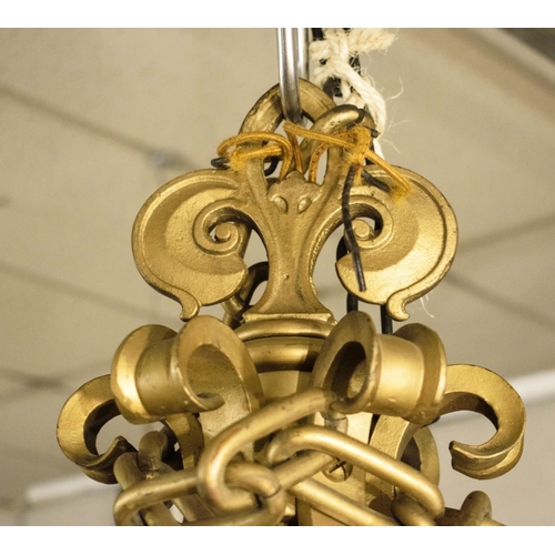 255 - HALL LANTERN, 114cm H (excluding chain) x 47cm W, early 20th century French, gilded iron, with domed... 
