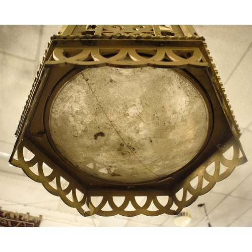 255 - HALL LANTERN, 114cm H (excluding chain) x 47cm W, early 20th century French, gilded iron, with domed... 