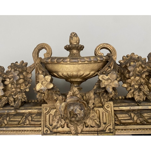 210 - OVERMANTEL MIRROR, 19th century, giltwood and gesso moulded, with urn crest and scroll supports, 135... 