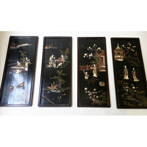 211 - CHINESE WALL PANELS, a set of four, 101cm H x 41cm W, 19th century Chinoserie lacquered and hardston... 