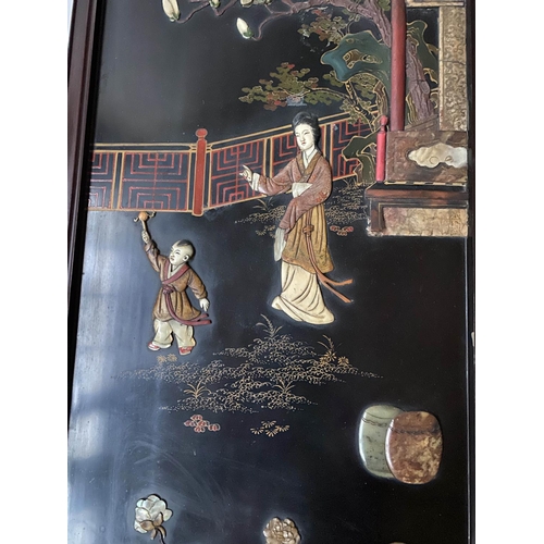211 - CHINESE WALL PANELS, a set of four, 101cm H x 41cm W, 19th century Chinoserie lacquered and hardston... 