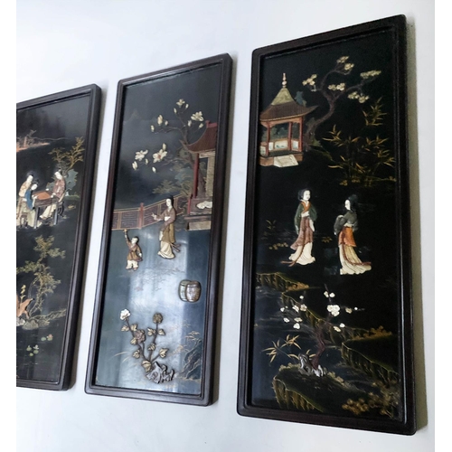 211 - CHINESE WALL PANELS, a set of four, 101cm H x 41cm W, 19th century Chinoserie lacquered and hardston... 