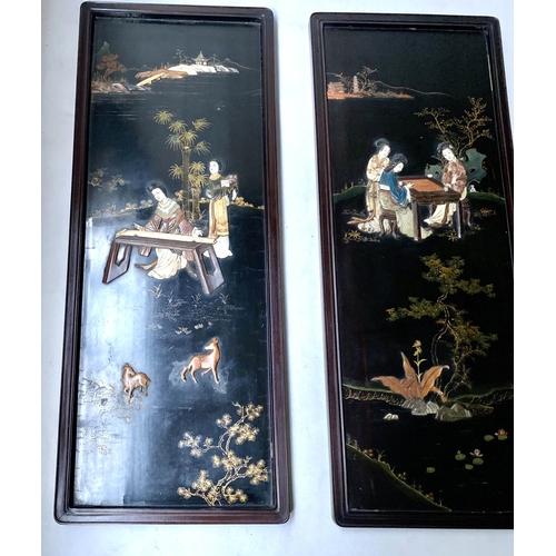 211 - CHINESE WALL PANELS, a set of four, 101cm H x 41cm W, 19th century Chinoserie lacquered and hardston... 