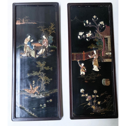 211 - CHINESE WALL PANELS, a set of four, 101cm H x 41cm W, 19th century Chinoserie lacquered and hardston... 
