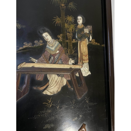 211 - CHINESE WALL PANELS, a set of four, 101cm H x 41cm W, 19th century Chinoserie lacquered and hardston... 