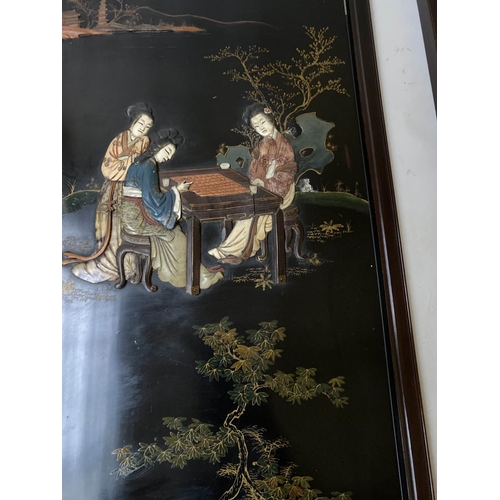 211 - CHINESE WALL PANELS, a set of four, 101cm H x 41cm W, 19th century Chinoserie lacquered and hardston... 