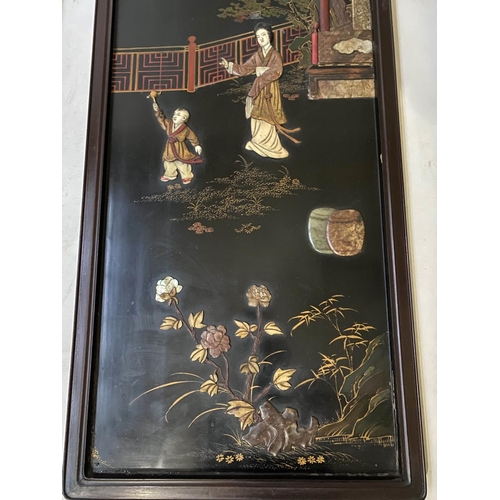 211 - CHINESE WALL PANELS, a set of four, 101cm H x 41cm W, 19th century Chinoserie lacquered and hardston... 