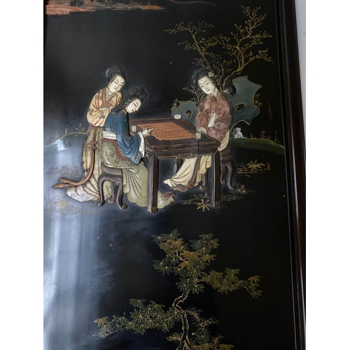 211 - CHINESE WALL PANELS, a set of four, 101cm H x 41cm W, 19th century Chinoserie lacquered and hardston... 