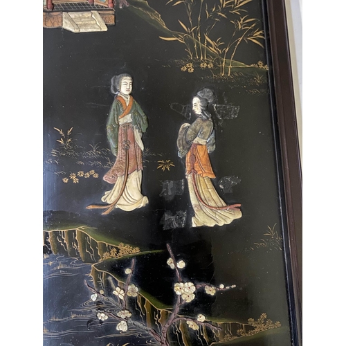 211 - CHINESE WALL PANELS, a set of four, 101cm H x 41cm W, 19th century Chinoserie lacquered and hardston... 