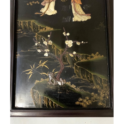 211 - CHINESE WALL PANELS, a set of four, 101cm H x 41cm W, 19th century Chinoserie lacquered and hardston... 