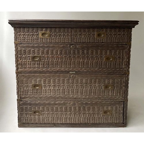 209 - CHEST, West African Anglo Colonial, carved hardwood and brass mounted, with two short above three lo... 