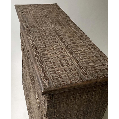 209 - CHEST, West African Anglo Colonial, carved hardwood and brass mounted, with two short above three lo... 