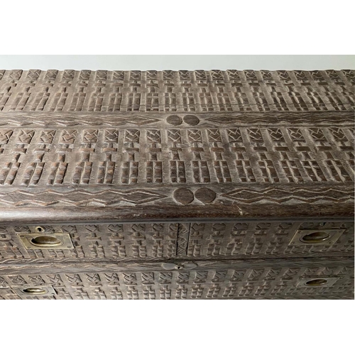 209 - CHEST, West African Anglo Colonial, carved hardwood and brass mounted, with two short above three lo... 