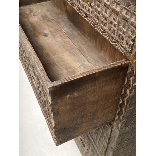 209 - CHEST, West African Anglo Colonial, carved hardwood and brass mounted, with two short above three lo... 