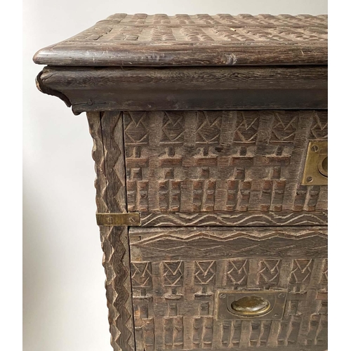 209 - CHEST, West African Anglo Colonial, carved hardwood and brass mounted, with two short above three lo... 