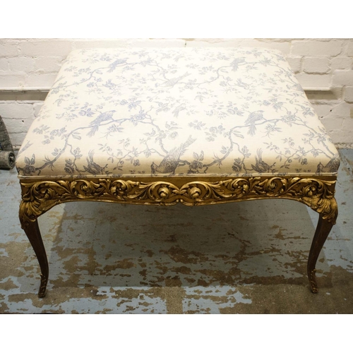 257 - HEARTH STOOL, 53cm H x 93cm W x 93cm D,  Louis XV style giltwood in toile de jouy fabric
