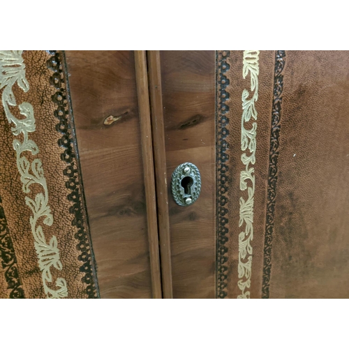 258 - CAMPAIGN STYLE COCKTAIL CABINET, yewwood with two leather panelled doors enclosing glass shelves and... 