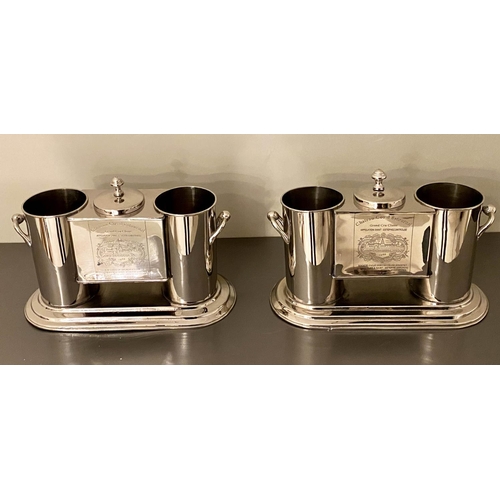 595 - WINE COOLERS, a pair, 23cm H x 35cm W, polished metal, stamped with wine house. (2)