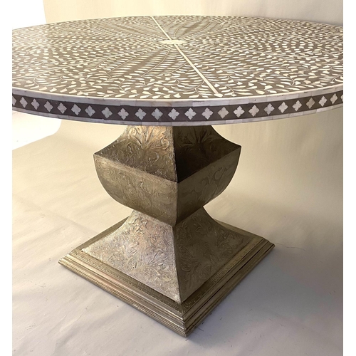 582 - CENTRE TABLE, Syrian style design, inlaid top with repouseé base, 79cm H x 122cm diam.