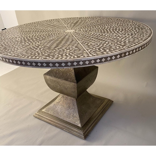 582 - CENTRE TABLE, Syrian style design, inlaid top with repouseé base, 79cm H x 122cm diam.