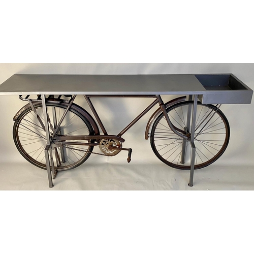 585 - UPCYCLED BICYCLE CONSOLE TABLE, 90cm x 188cm x 38cm.