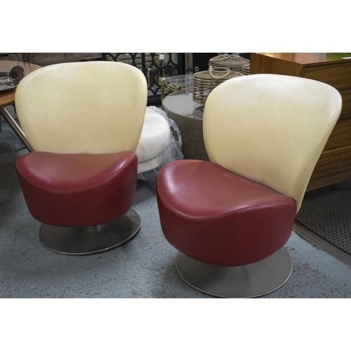 444 - SWIVEL CHAIRS, a pair, 87cm H x 73cm W, mid 20th century, red and cream Rexine, on aluminium bases. ... 