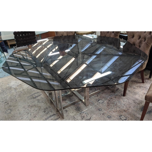 423 - DINING TABLE, 184cm diam x 72cm H, contemporary, polished metal base, smoked glass top.