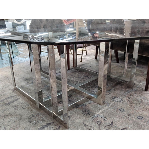 423 - DINING TABLE, 184cm diam x 72cm H, contemporary, polished metal base, smoked glass top.