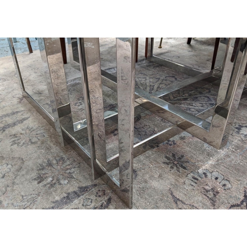 423 - DINING TABLE, 184cm diam x 72cm H, contemporary, polished metal base, smoked glass top.