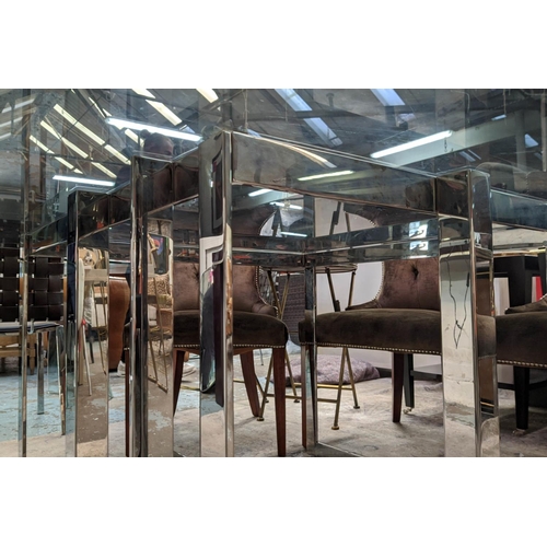 423 - DINING TABLE, 184cm diam x 72cm H, contemporary, polished metal base, smoked glass top.