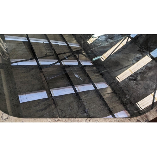 423 - DINING TABLE, 184cm diam x 72cm H, contemporary, polished metal base, smoked glass top.