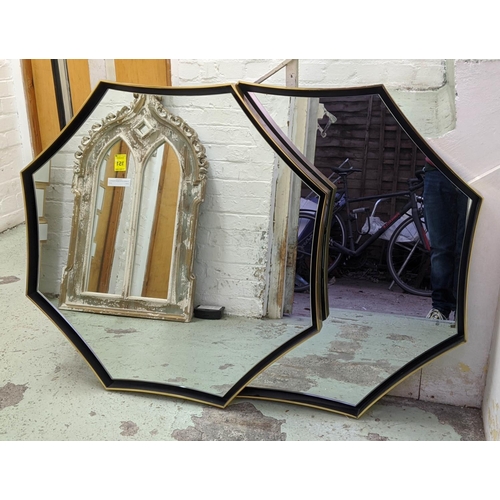 445 - WALL MIRRORS, a pair, 88cm diam, gilt metal frames. (2)