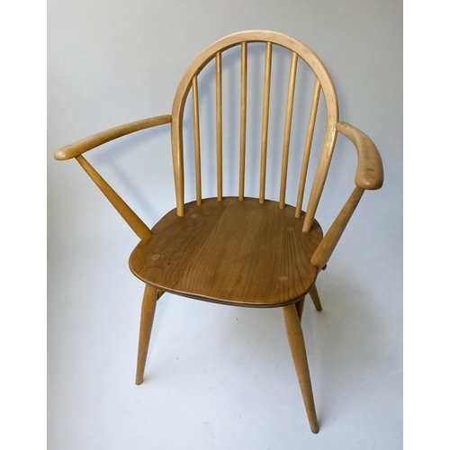 429 - ERCOL WINDSOR DINING CHAIRS, a set of four elm stick hoop back armchairs with solid seats (all label... 
