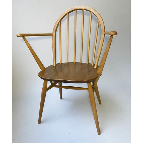 429 - ERCOL WINDSOR DINING CHAIRS, a set of four elm stick hoop back armchairs with solid seats (all label... 