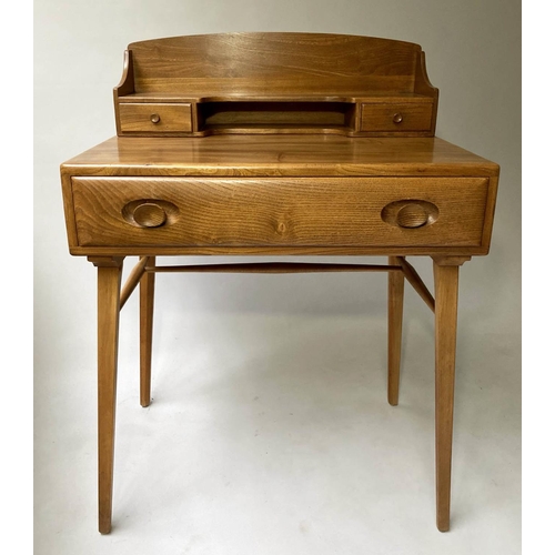 430 - ERCOL WRITING TABLE, 1970's Ercol solid elm with superstructure and drawer labelled Ercol, 69cm x 47... 