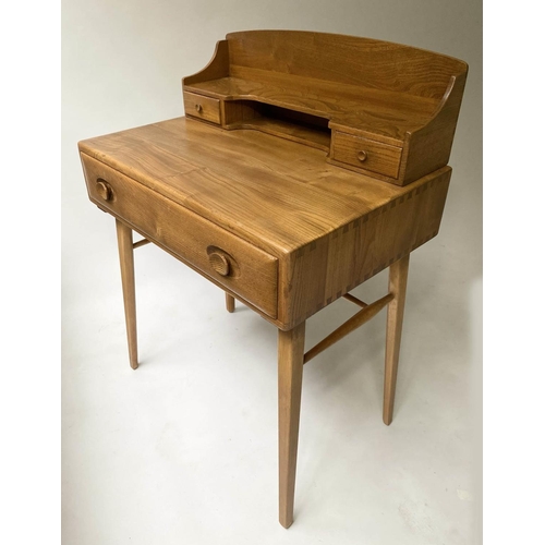 430 - ERCOL WRITING TABLE, 1970's Ercol solid elm with superstructure and drawer labelled Ercol, 69cm x 47... 