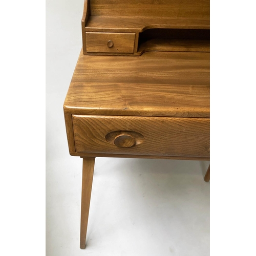 430 - ERCOL WRITING TABLE, 1970's Ercol solid elm with superstructure and drawer labelled Ercol, 69cm x 47... 