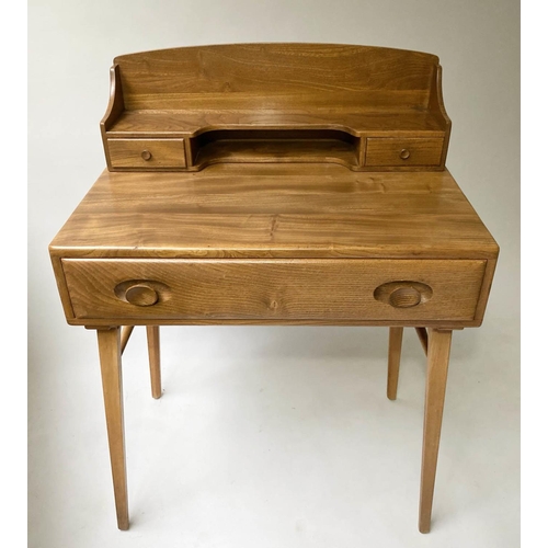 430 - ERCOL WRITING TABLE, 1970's Ercol solid elm with superstructure and drawer labelled Ercol, 69cm x 47... 