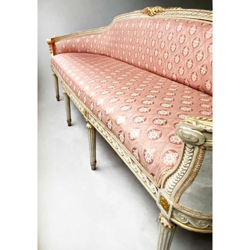 337 - CANAPE, French Louis XVI style, grey and parcel gilt with arch raised back, 219cm W.