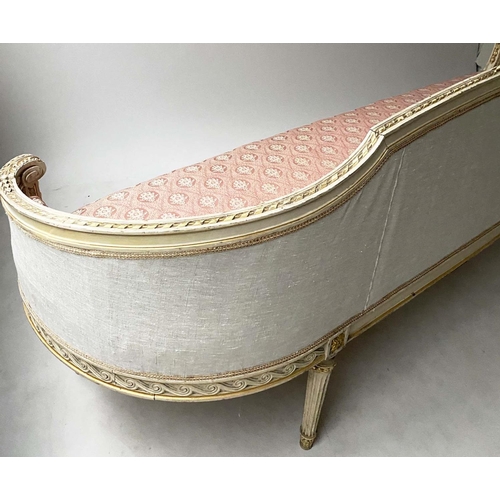 337 - CANAPE, French Louis XVI style, grey and parcel gilt with arch raised back, 219cm W.