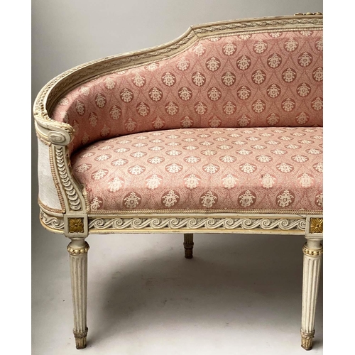 337 - CANAPE, French Louis XVI style, grey and parcel gilt with arch raised back, 219cm W.