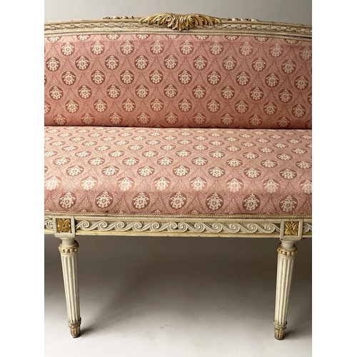 337 - CANAPE, French Louis XVI style, grey and parcel gilt with arch raised back, 219cm W.