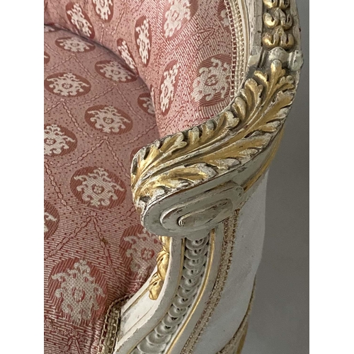 337 - CANAPE, French Louis XVI style, grey and parcel gilt with arch raised back, 219cm W.