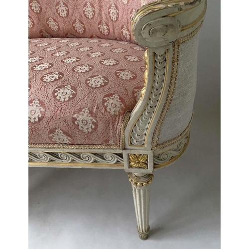 337 - CANAPE, French Louis XVI style, grey and parcel gilt with arch raised back, 219cm W.