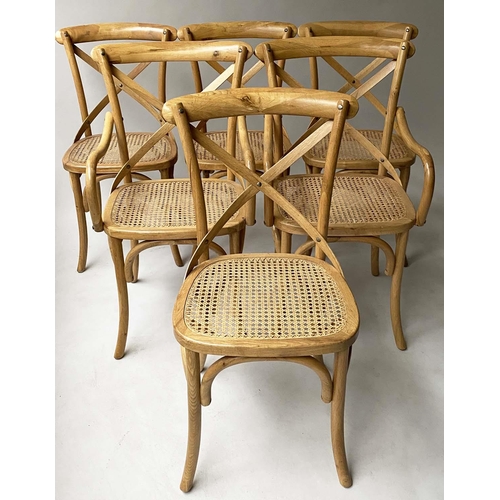 338 - DINING CHAIRS, a set of six, oak bentwood with X backs and cane seats including two with arms. (6)