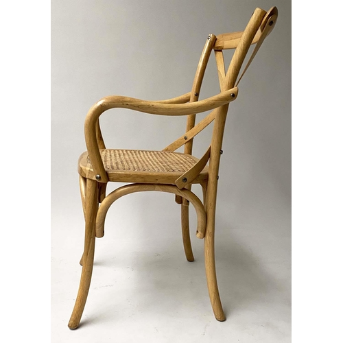 338 - DINING CHAIRS, a set of six, oak bentwood with X backs and cane seats including two with arms. (6)