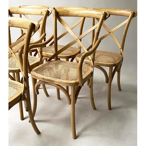 338 - DINING CHAIRS, a set of six, oak bentwood with X backs and cane seats including two with arms. (6)