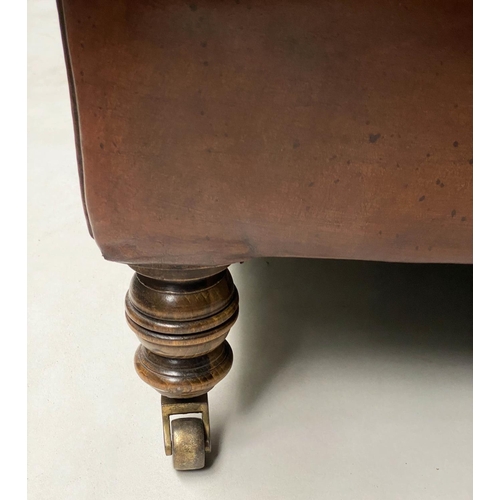 238 - SOFA, Vintage Howard style and ranch manner, leather with turned front supports 165cm W