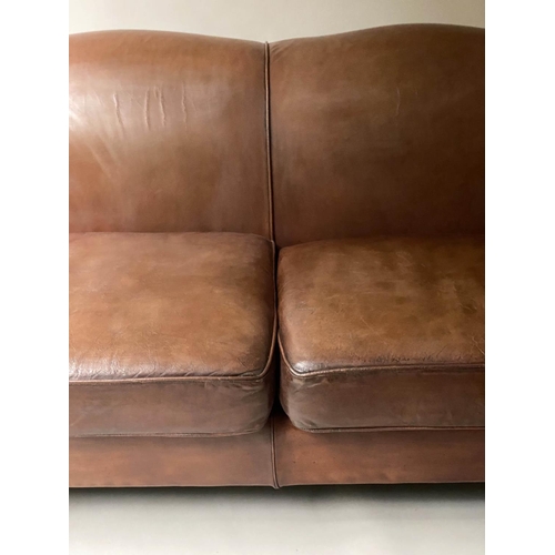 238 - SOFA, Vintage Howard style and ranch manner, leather with turned front supports 165cm W
