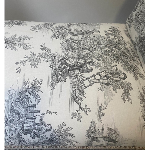 241 - WINDOW SEAT, 112cm W x 48cm D x 87cm H, 19th century French, grey painted and parcel gilt with toile... 